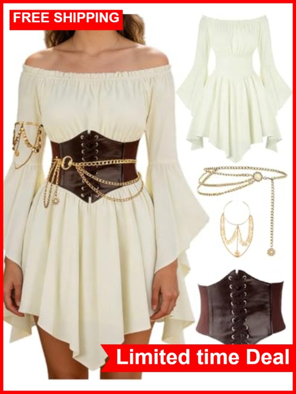 Renaissance Pirate Costume Set Fairy Dress Corset Chain Belt 4-Piece